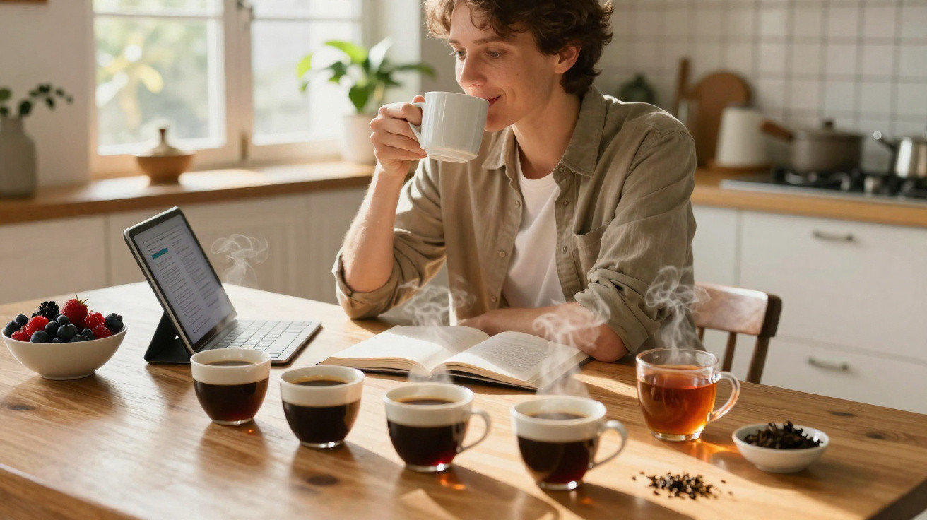 Pessoa jovem sentada à mesa, lendo livro e bebendo café, com várias xícaras de café e chá na frente.