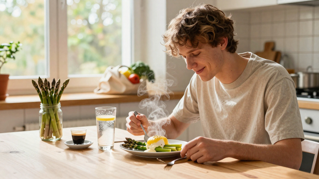 Jovem sorrindo sentado à mesa com prato de aspargos e ovo pochê fumegante, bebida e café.