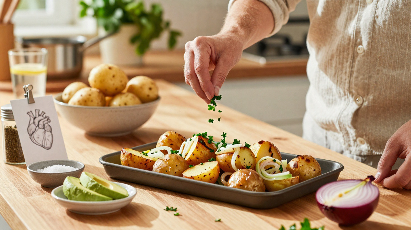 Pessoa temperando batatas assadas com ervas em tabuleiro na cozinha iluminada.