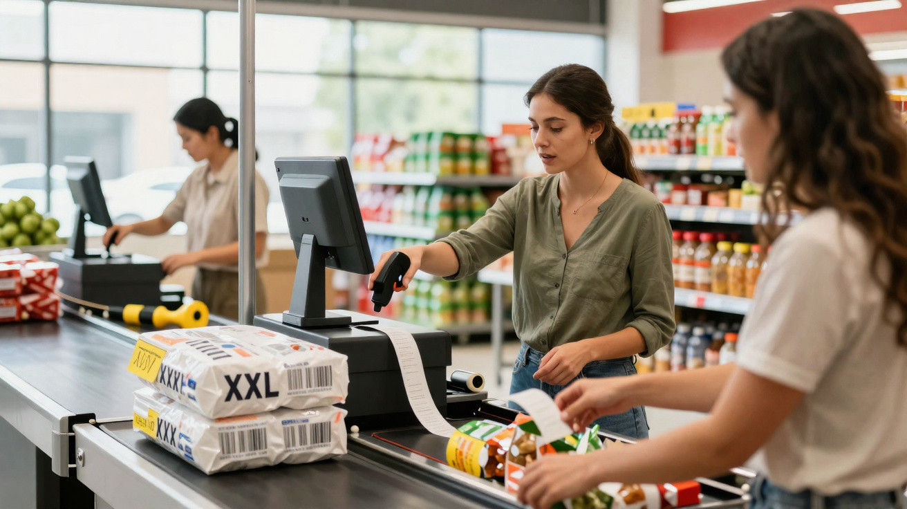 Mulher operadora de caixa registradora escaneia produtos no supermercado enquanto cliente separa mercadorias no balcão.