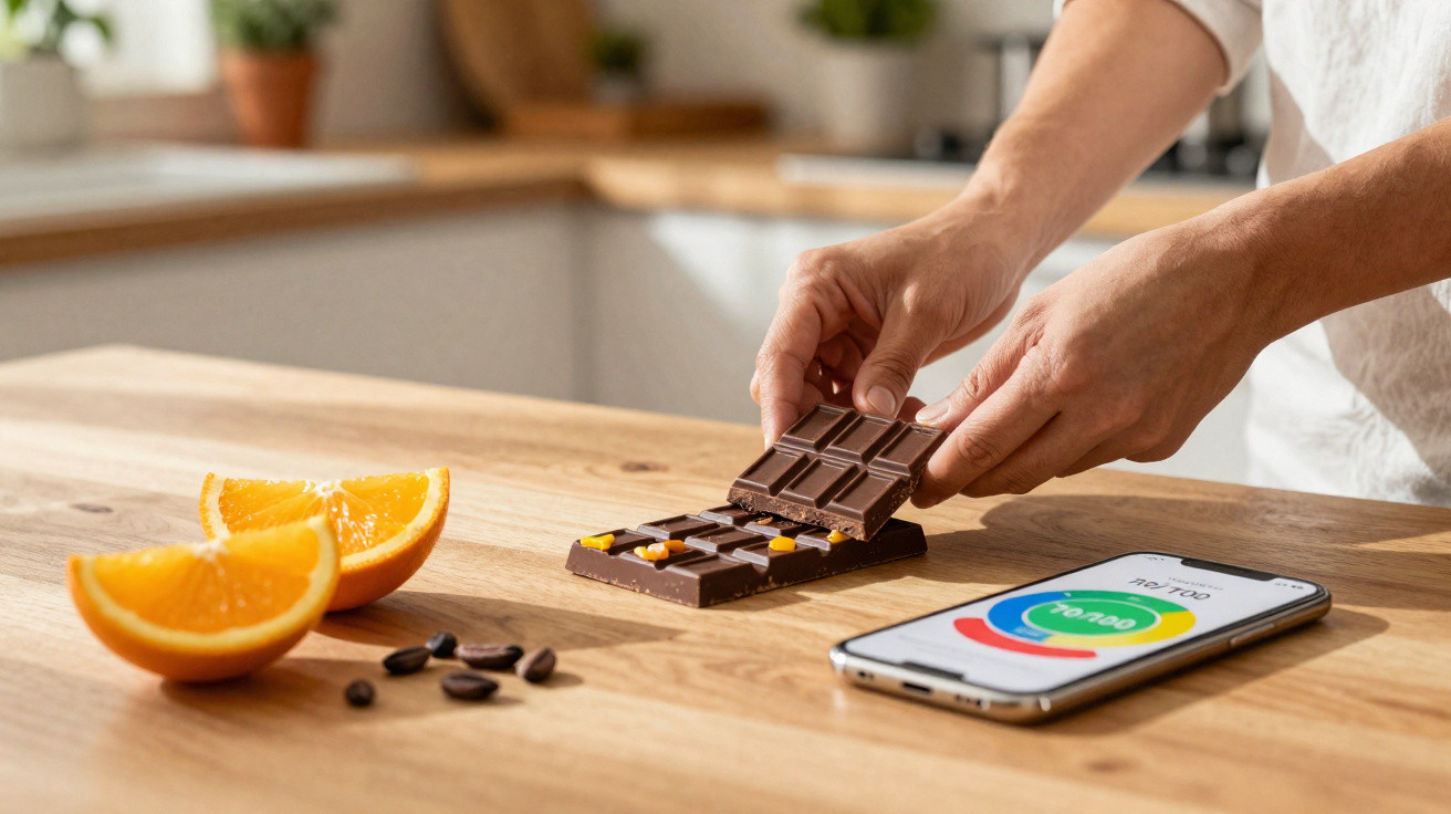 Mãos segurando barra de chocolate sobre mesa com fatias de laranja, grãos de cacau e celular exibindo gráfico colorido.