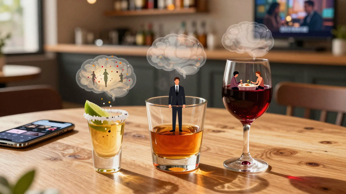 Mesa com diferentes bebidas e pessoas em miniatura nas taças, representando pensamentos abstratos.