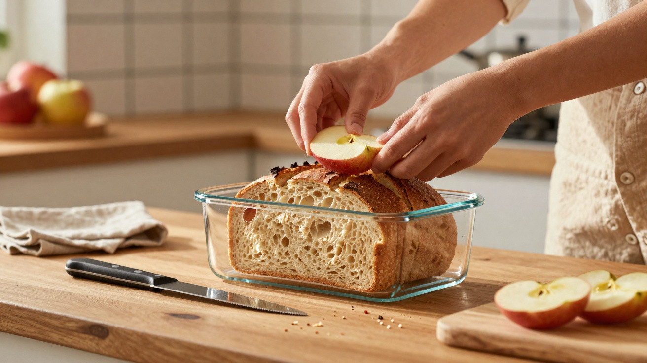 Pessoa colocando pedaço de maçã dentro de pote de vidro com fatia de pão em bancada de cozinha.