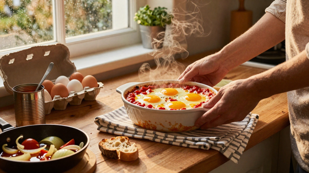 Pessoa segurando travessa de shakshuka quente em cozinha ensolarada com ovos, vegetais e pão na mesa de madeira.