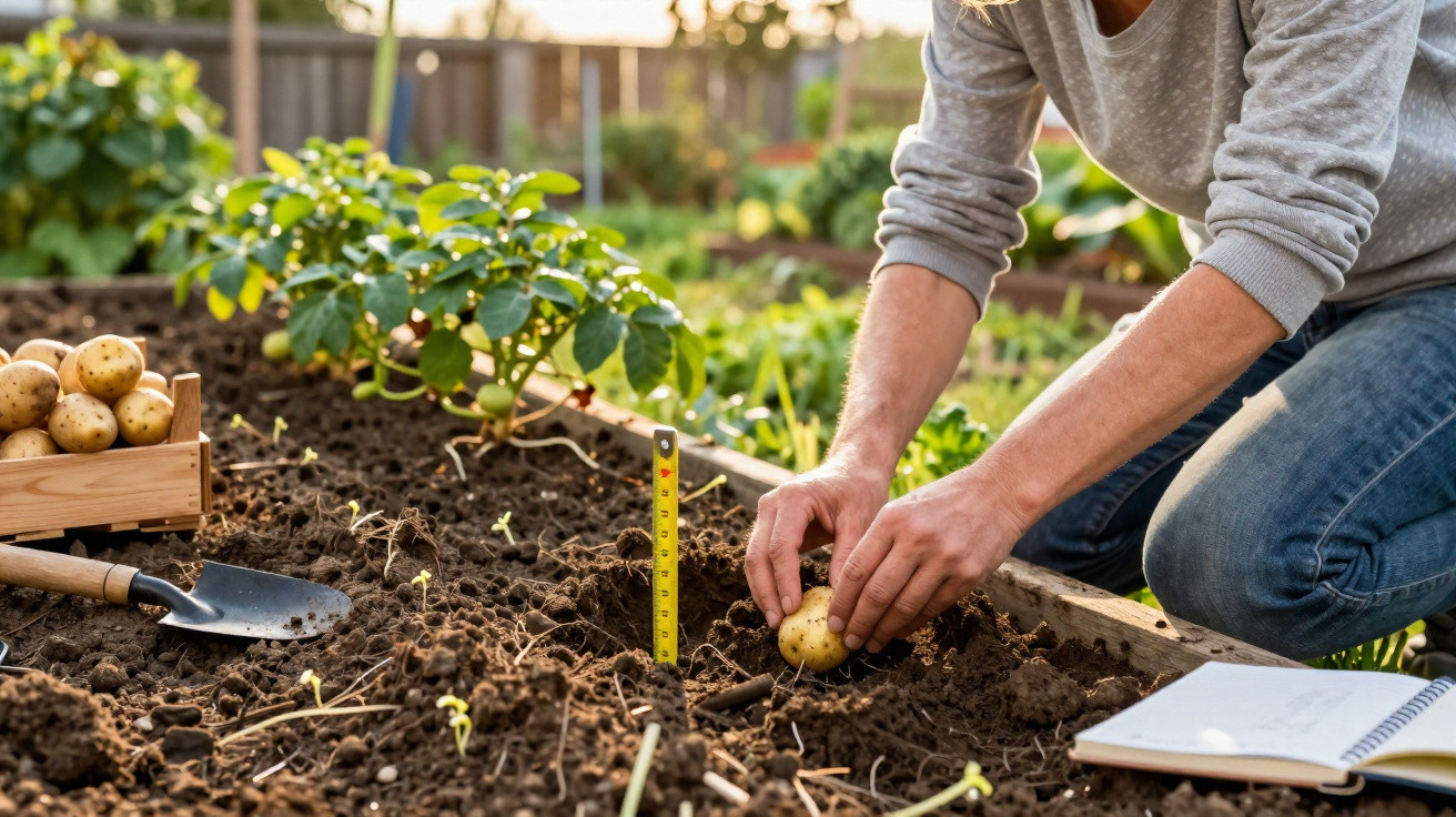 Pessoa plantando batatas em solo fértil em horta caseira com caderno aberto e caixa de batatas próximas.