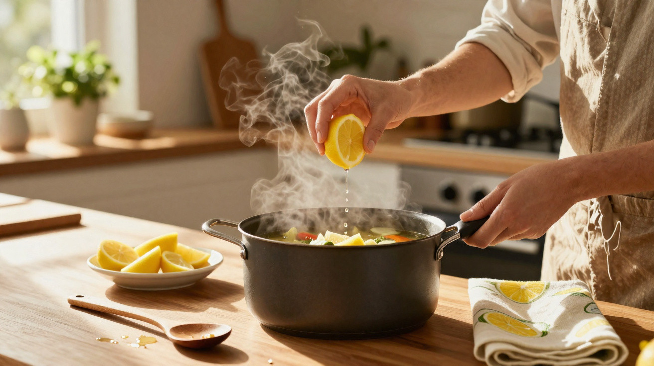 Pessoa espremendo limão em panela com sopa fumegante em cozinha clara e organizada.