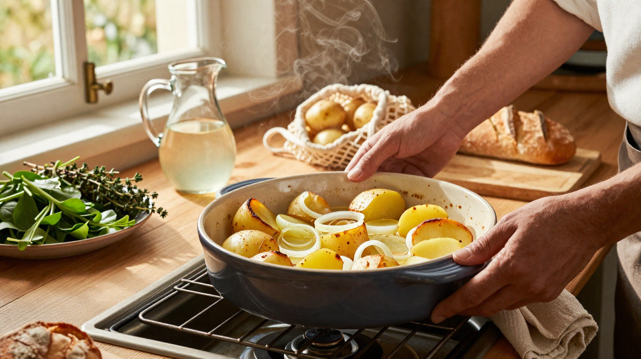 Mãos segurando panela com batatas e cebolas cozinhando no fogão em cozinha iluminada.