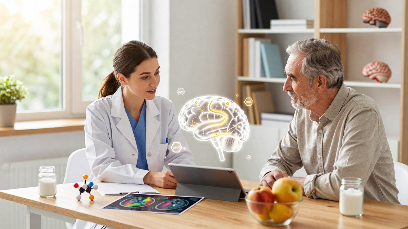 Médica conversa com idoso em consultório, com imagem digital de cérebro entre eles e exames na mesa.