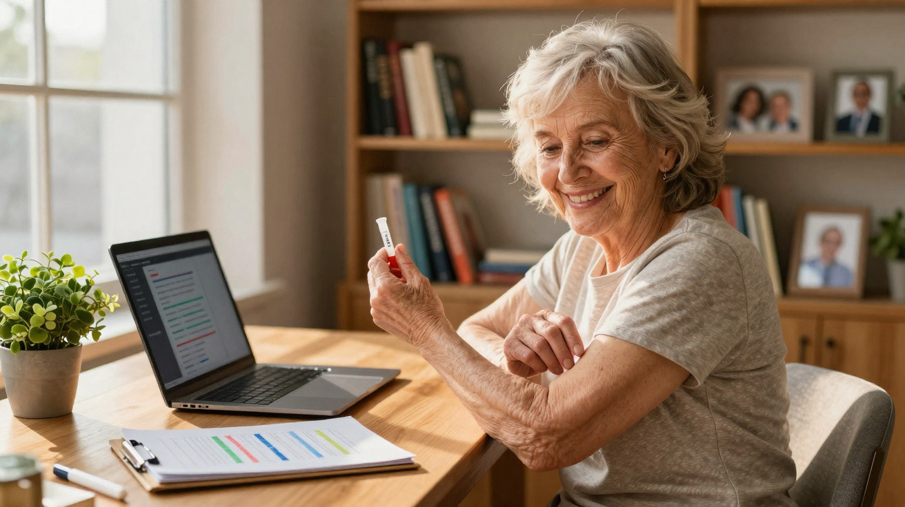 Mulher idosa sorrindo enquanto aplica vacina no braço, sentada à mesa com laptop e materiais de trabalho.