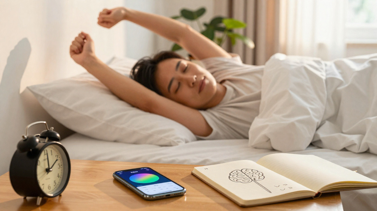 Pessoa acordando e espreguiçando na cama ao lado de despertador, celular e caderno com desenho de cérebro.
