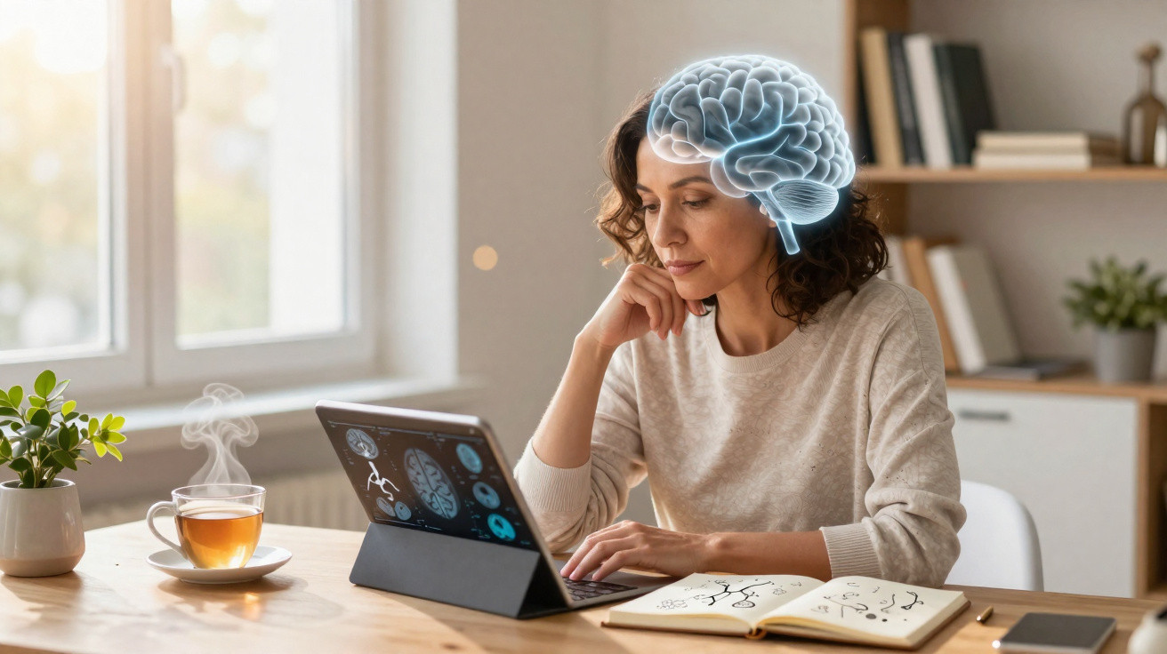Mulher estudando neurociência em tablet com cérebro digitalizado acima da cabeça, ao lado chá e caderno aberto.