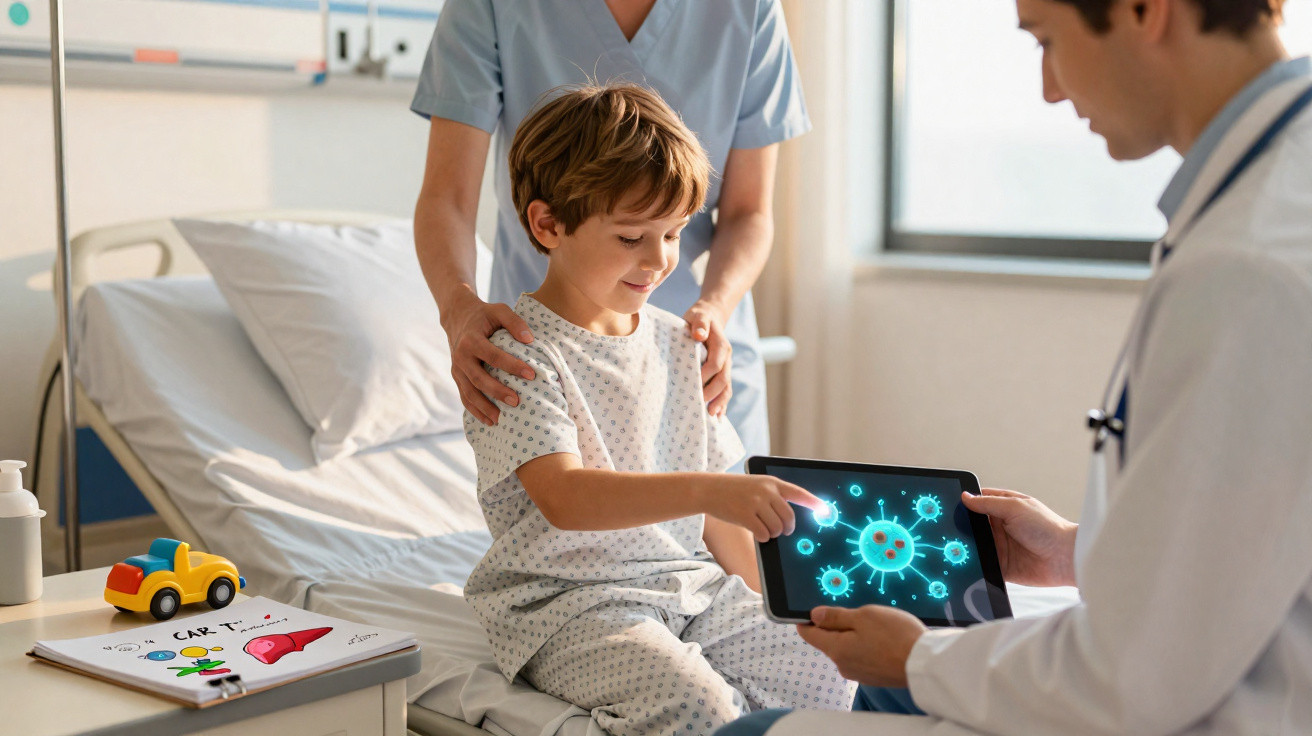 Criança em hospital tocando tela de tablet com imagens de vírus, com médico e enfermeira ao lado.