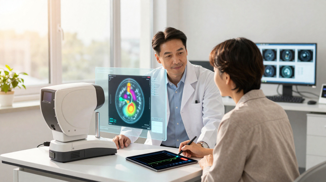 Médico analisando exame cerebral em tela transparente enquanto conversa com paciente durante consulta.