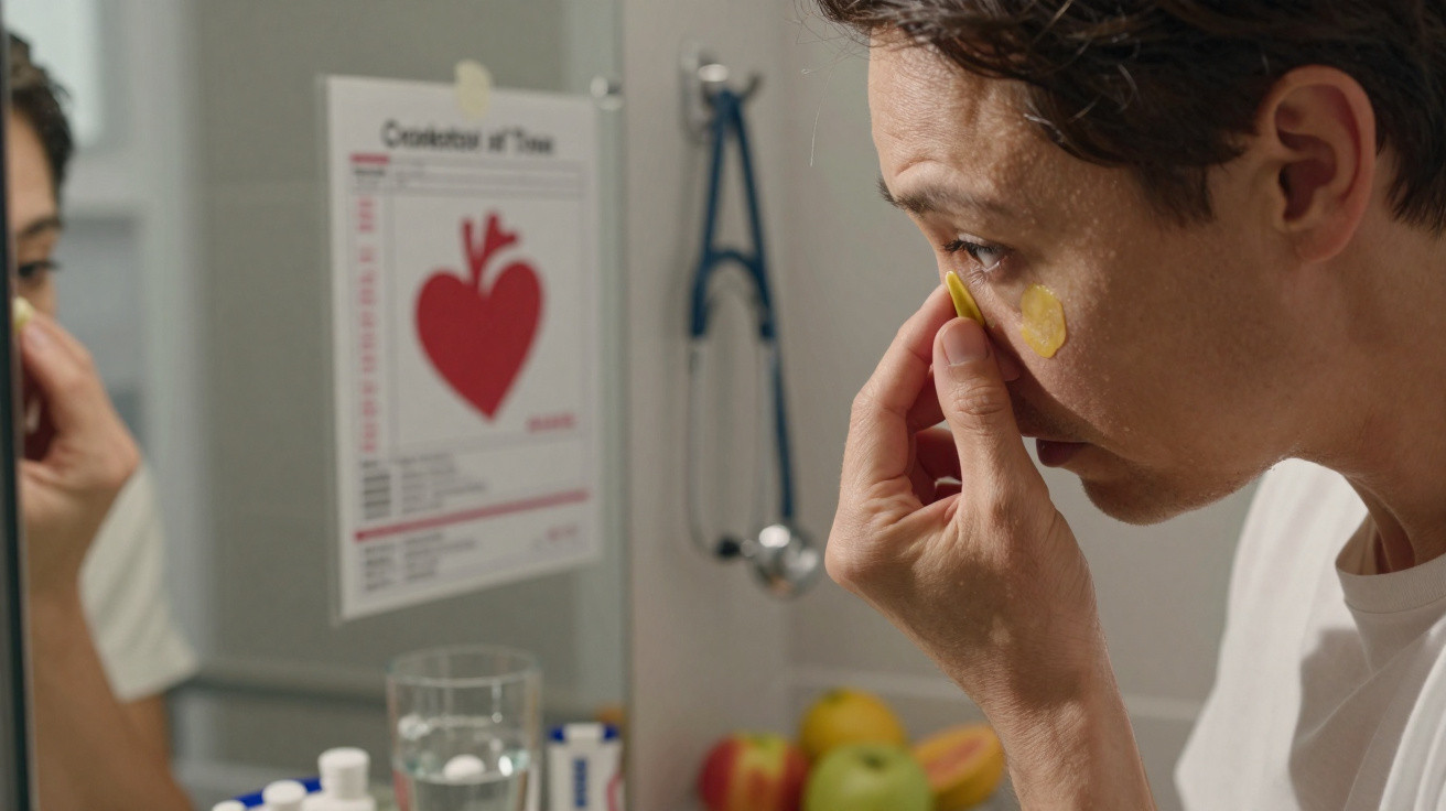 Homem aplicando patches amarelos sob os olhos em frente ao espelho, com frutas e itens de saúde ao fundo.