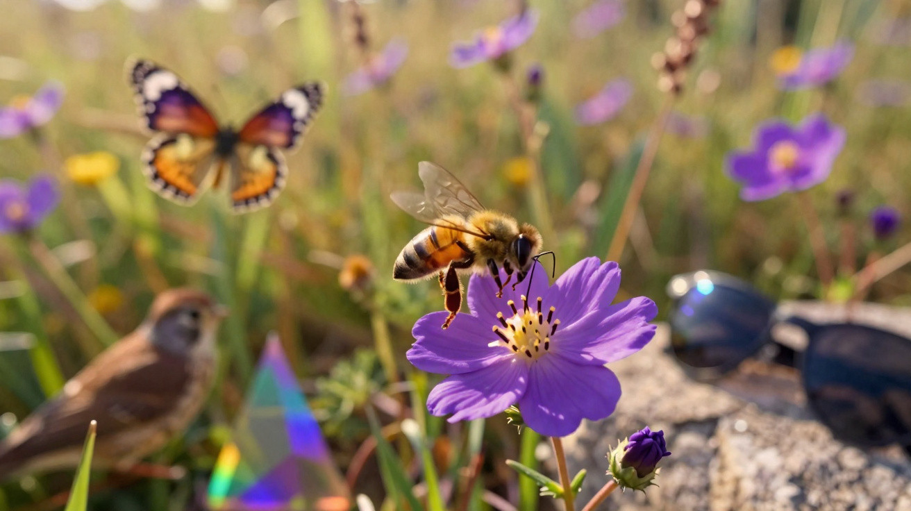 Abelha coletando néctar em flor roxa com borboleta, pássaro e óculos de sol desfocados ao fundo.