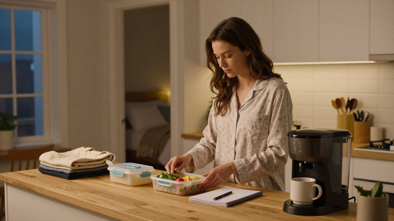 Mulher preparando marmita na cozinha à noite, com cafeteira, caderno e roupas dobradas sobre a bancada.