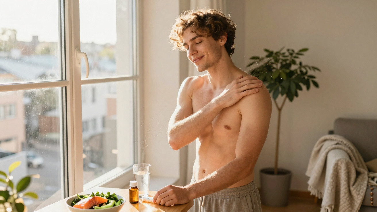 Homem sem camisa aplica creme no ombro em cozinha iluminada pela manhã com janela e planta ao fundo.