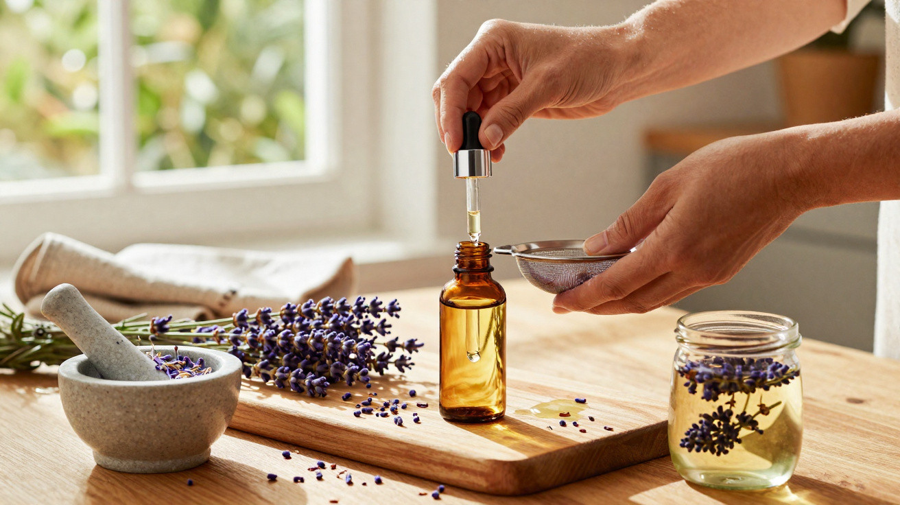 Pessoas segurando conta-gotas para óleo essencial com flores de lavanda e utensílios em mesa de madeira.
