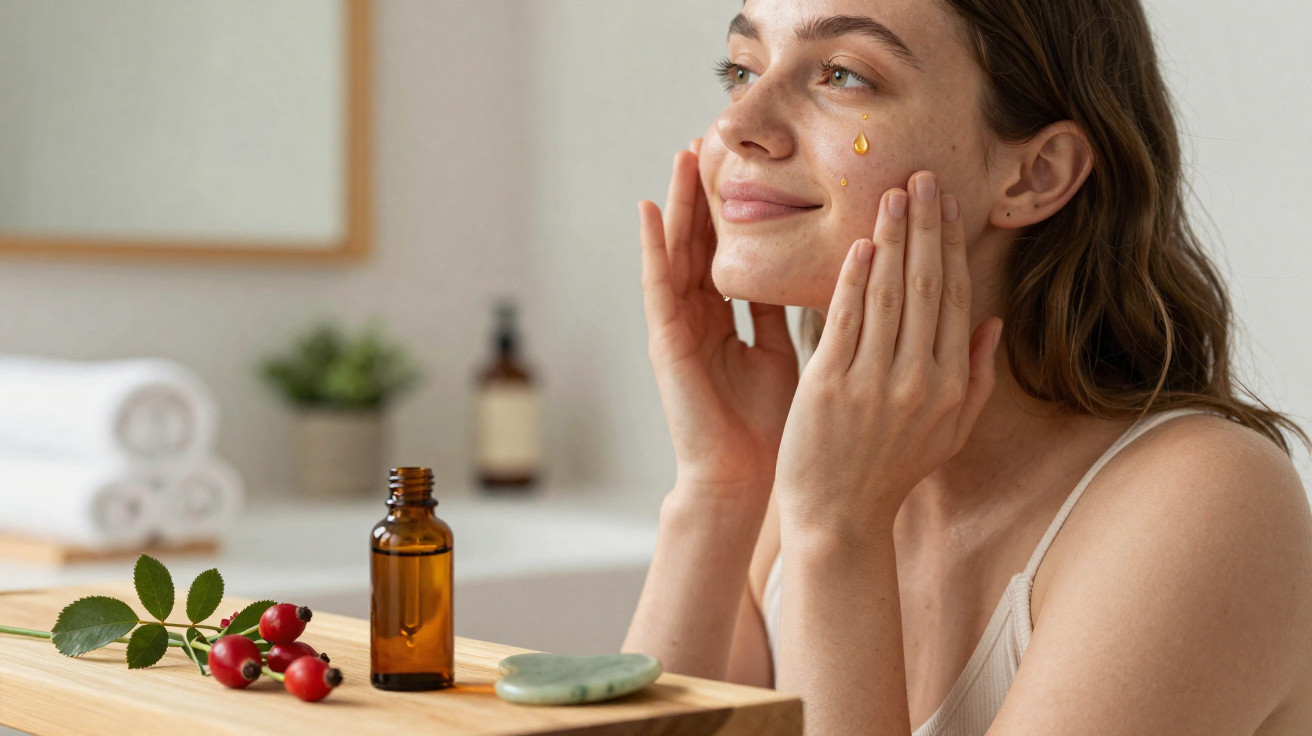 Mulher aplicando óleo facial, ao lado frasco âmbar e bagas vermelhas sobre mesa de madeira.
