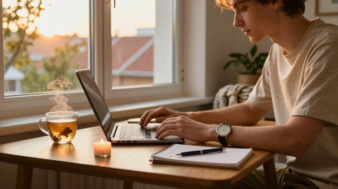 Jovem digitando em laptop próximo a xícara de chá quente e vela acesa em mesa perto da janela ao entardecer.