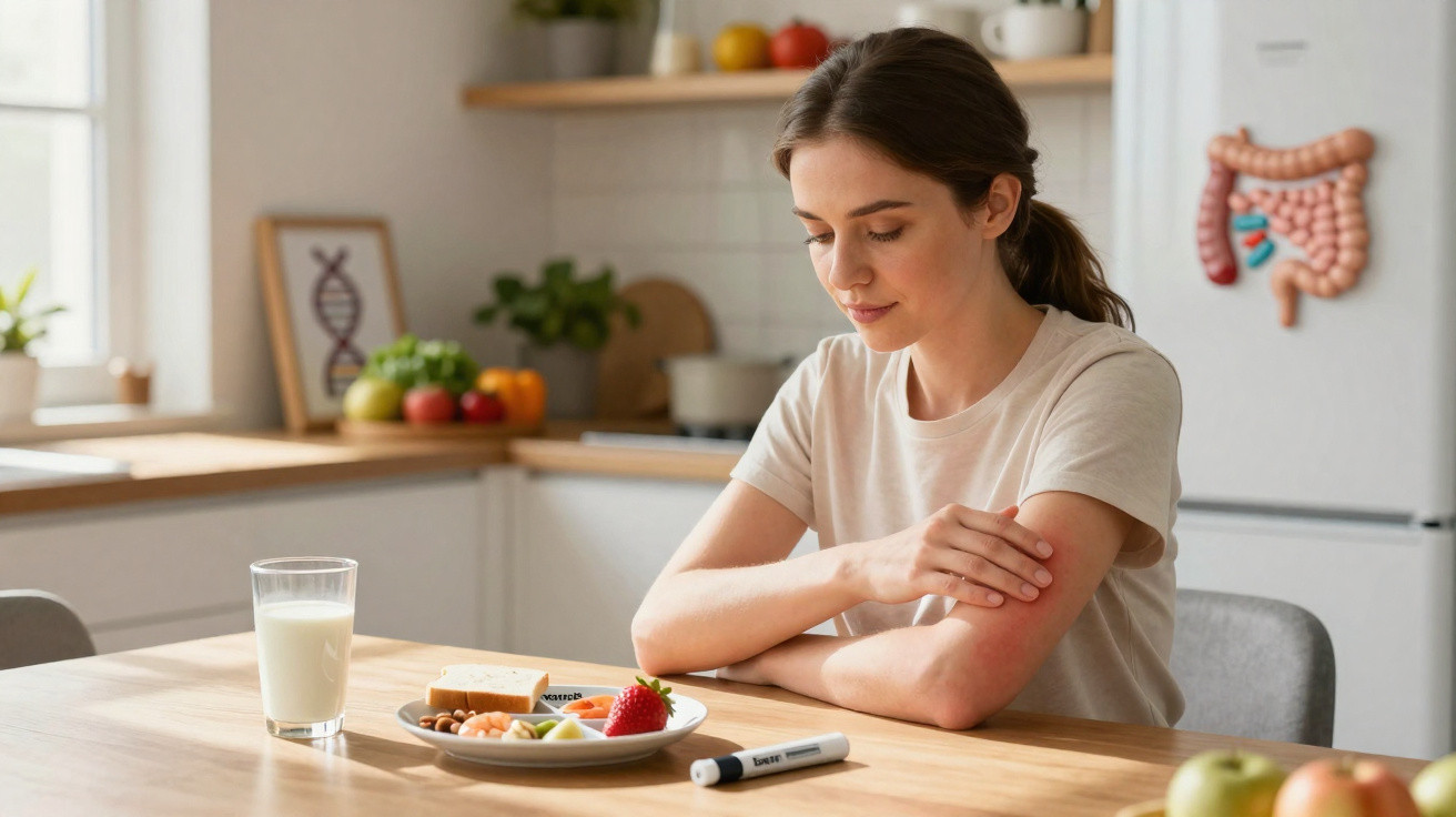 Mulher olhando o próprio braço com sinais de irritação, sentada à mesa com alimentos e glicosímetro.