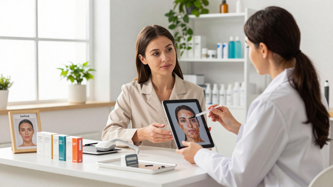 Paciente conversa com dermatologista que mostra imagem com análise facial em tablet em consultório moderno.