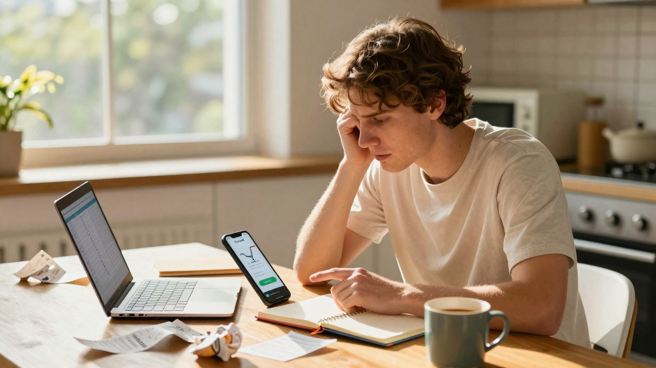 Jovem preocupado analisando finanças em celular e laptop, com anotações e xícaras na mesa da cozinha.