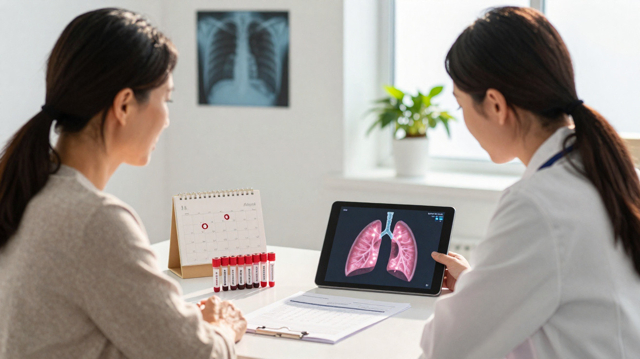 Médica mostrando imagem digital de pulmões para paciente em consulta, com exames e calendário na mesa.