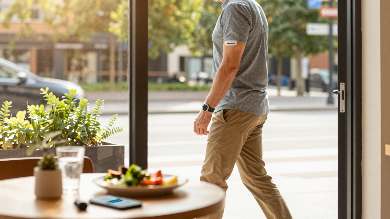 Homem de camiseta cinza e calça bege entrando em ambiente com mesa e prato de comida.