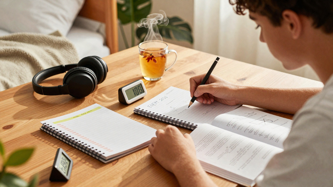 Pessoa estudando com caderno, livros, fones de ouvido, termômetro digital e xícara de chá quente numa mesa de madeira.