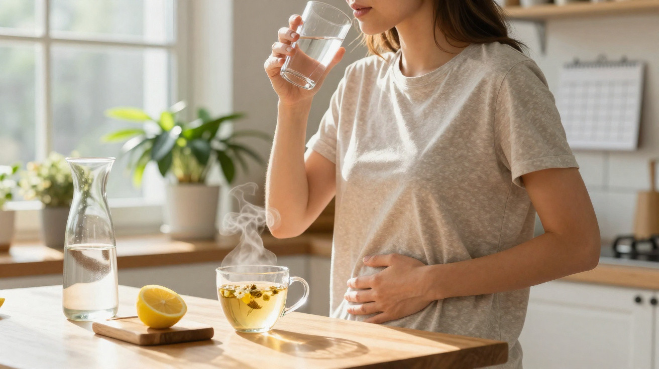 Mulher segurando a barriga e bebendo água em cozinha clara com chá quente e limão na bancada.