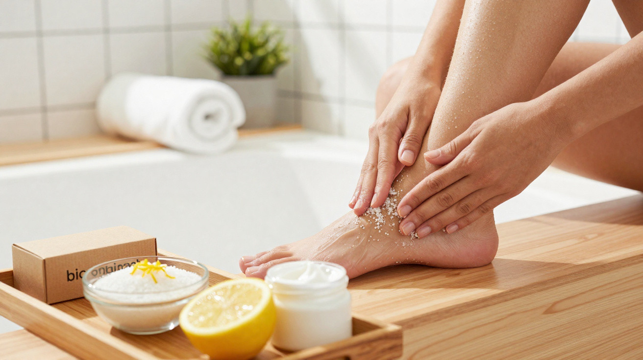 Pessoa aplicando esfoliante nos pés com produtos naturais ao lado em banheiro iluminado.