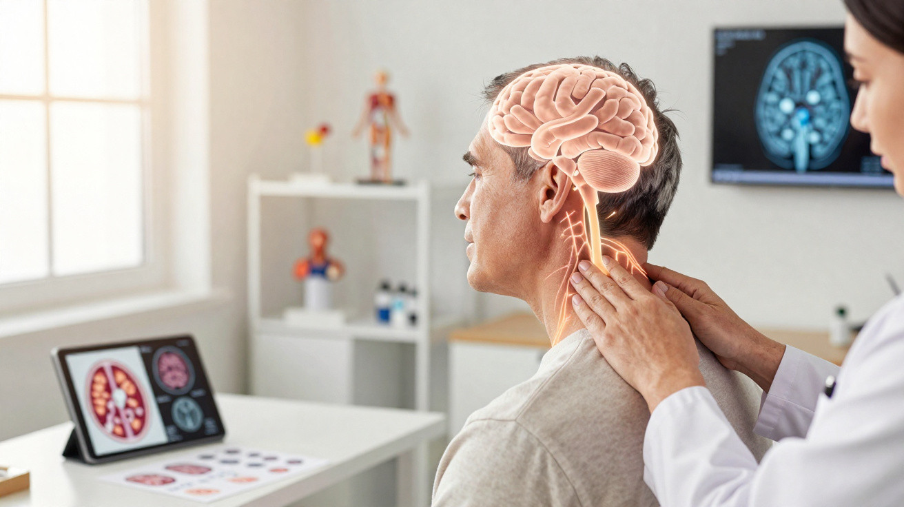 Paciente em consulta médica com destaque digital do cérebro e coluna cervical.