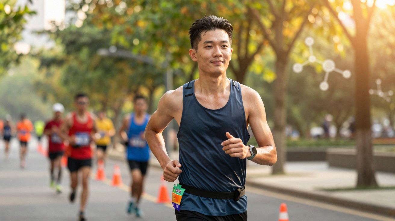 Homem correndo em maratona ao ar livre com outros corredores e árvores ao fundo.