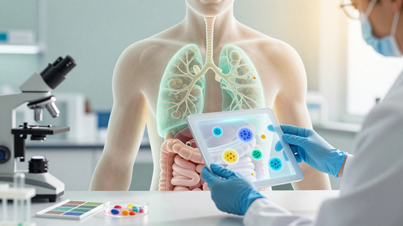 Médico analisando ilustração digital de pulmões e bactérias para diagnóstico em laboratório.