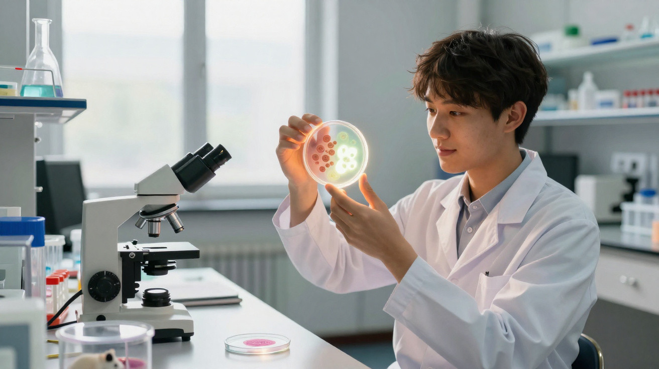Cientista em laboratório observando placa de Petri com colônias de bactérias sob luz.