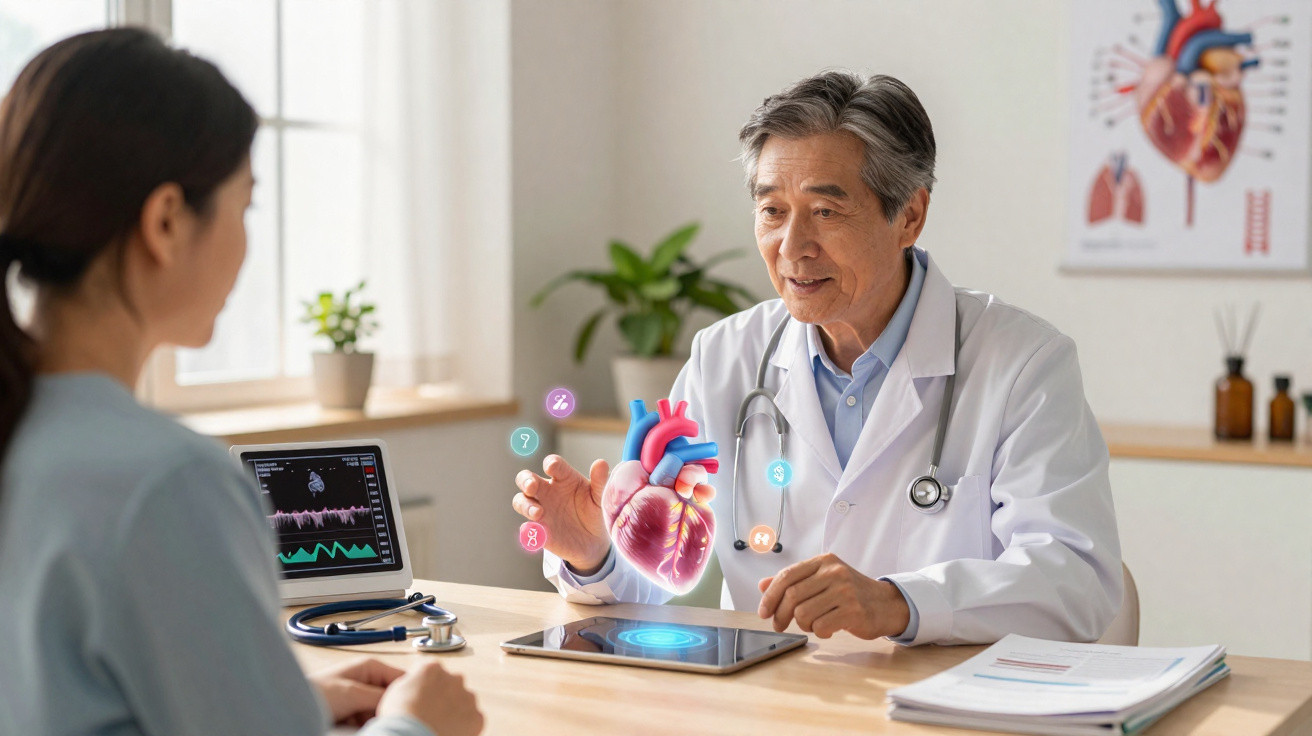 Médico cardiologista explicando anatomia do coração para paciente com imagens holográficas em consultório.