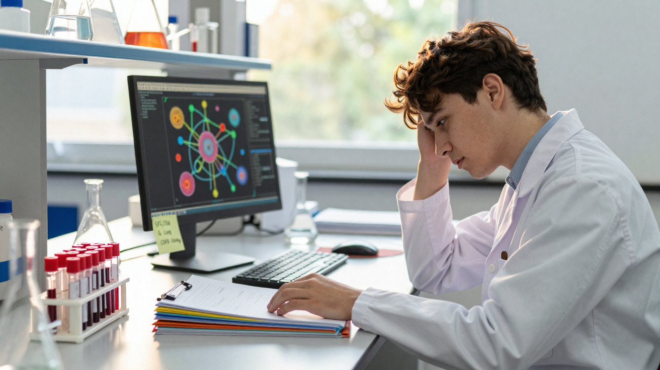 Jovem cientista em jaleco estudando documentos com modelos atômicos na tela do computador no laboratório.