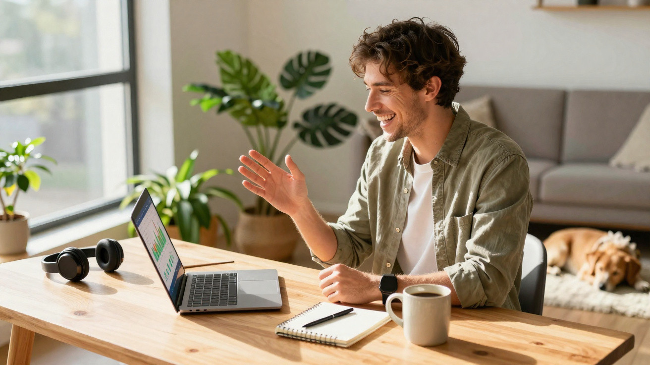 Homem sorridente participa de reunião virtual em casa com laptop, café e cachorro ao fundo.
