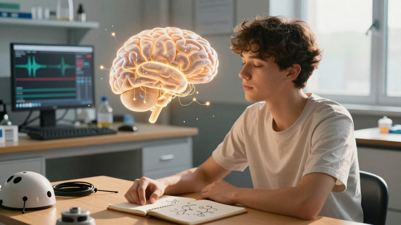 Jovem sentado à mesa, de olhos fechados, com cérebro digital flutuante e livro de anotações em mesa.