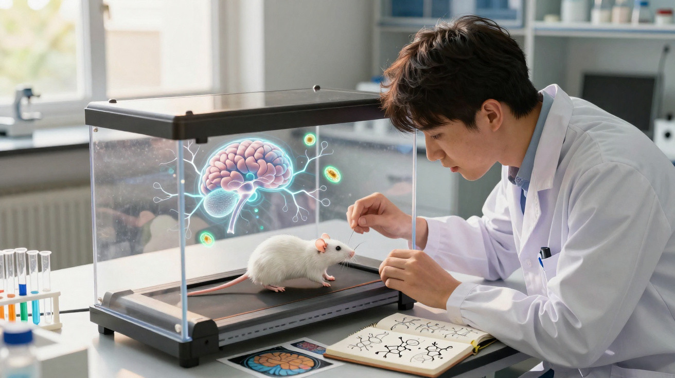 Cientista observa rato branco para estudo neurológico em laboratório com holograma de cérebro projetado.