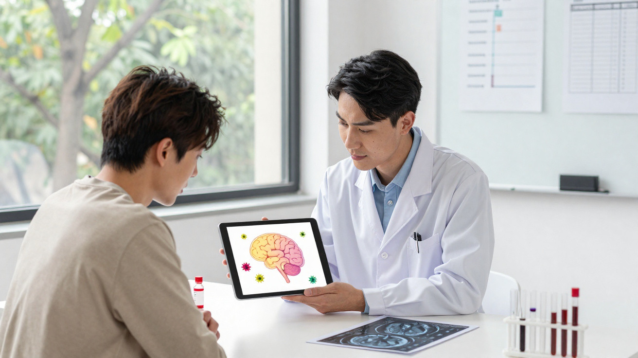 Médico mostrando imagem digital do cérebro com vírus para paciente em consulta no consultório.