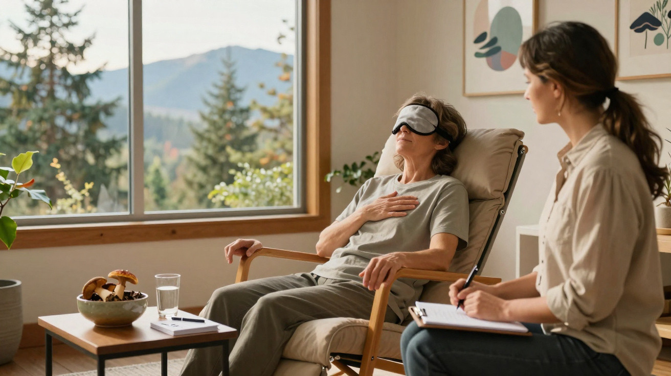 Pessoa em cadeira reclinável com venda nos olhos em sessão de terapia com profissional anotando observações.