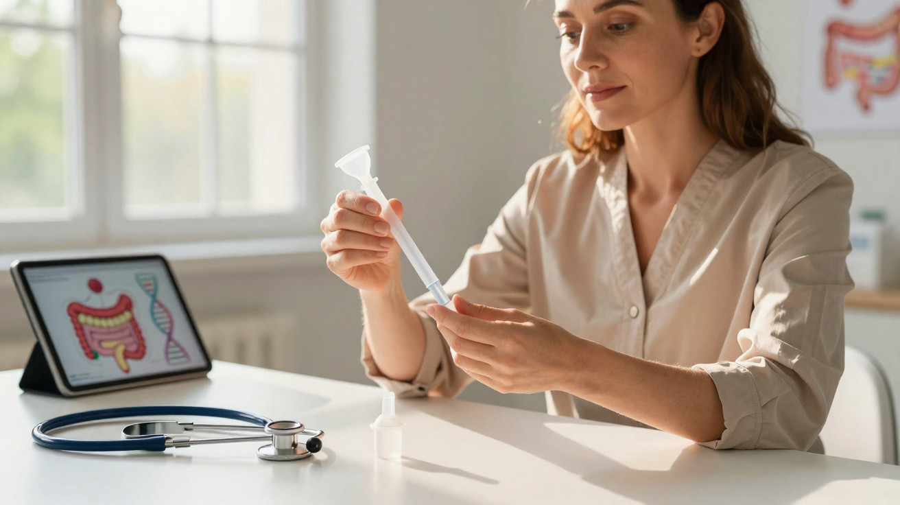 Mulher médica segurando irrigador anal com tablet e estetoscópio sobre a mesa em consultório.