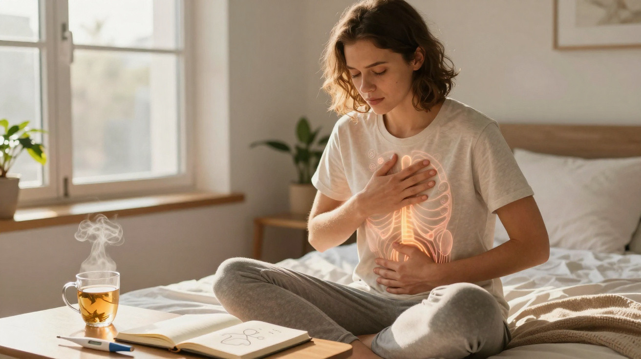 Mulher sentada na cama com expressão de dor, segurando peito e abdômen, chá quente e caderno à frente.