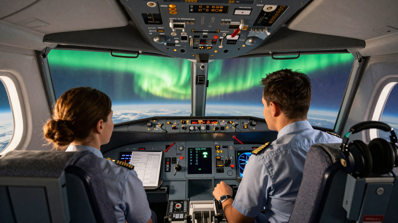 Pilotos dentro da cabine de avião observando a aurora boreal acima das nuvens durante o voo.