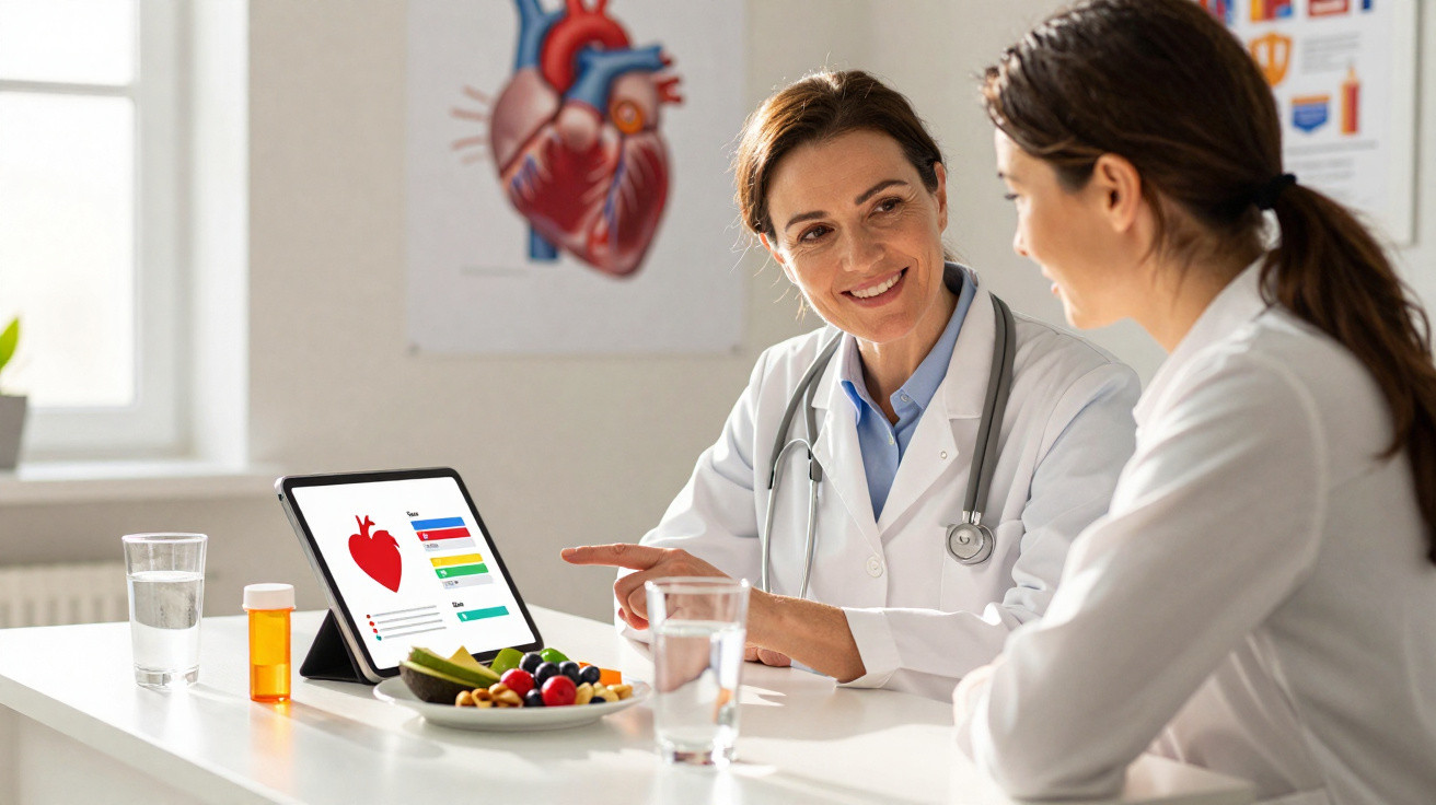 Médica sorridente consultando paciente e mostrando informações sobre coração em tablet na clínica.