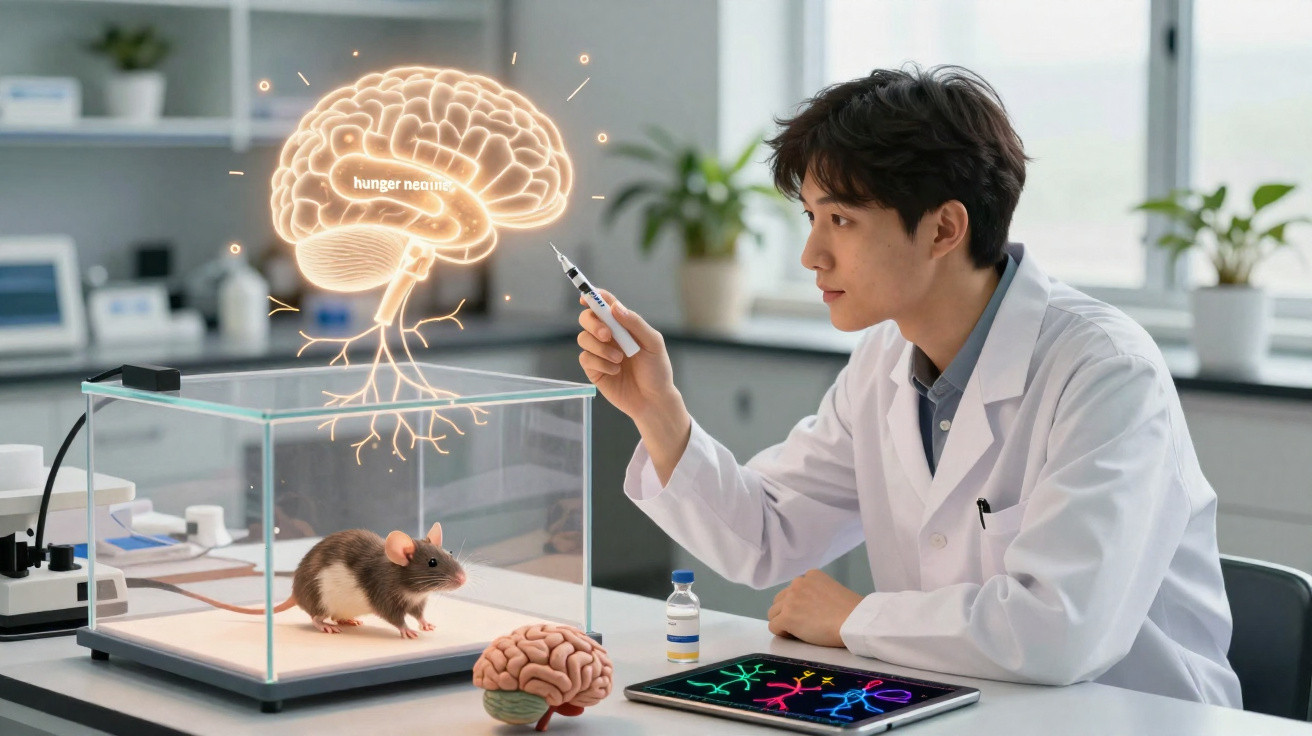 Cientista em laboratório observa rato com representação holográfica de cérebro flutuante e neurônios.