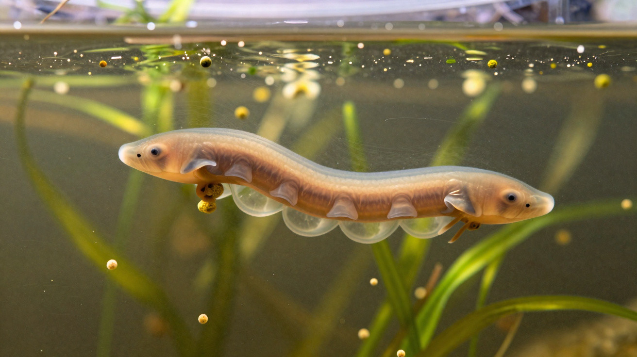 Larva aquática de salamandra nadando com ovos presos ao corpo em ambiente subaquático com plantas.