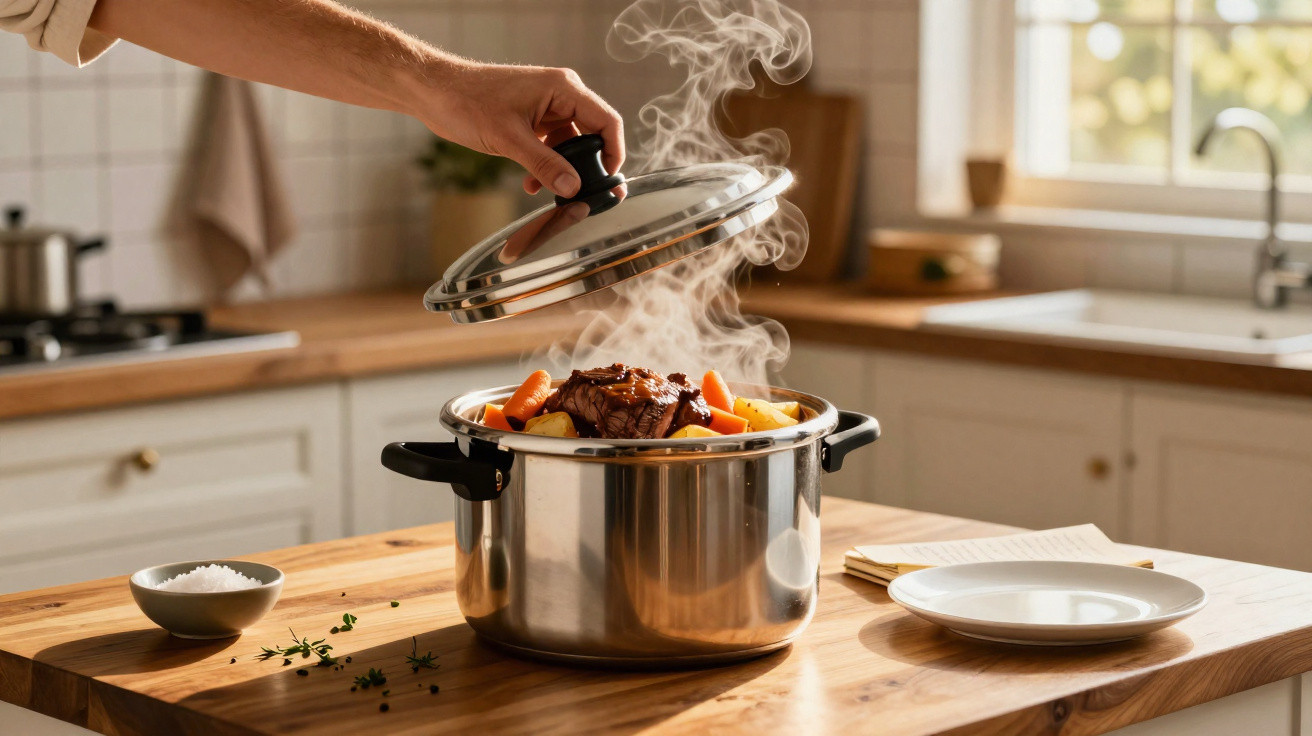 Mão levantando tampa de panela com cozido de carne, cenoura e batata, com vapor saindo, em cozinha clara.